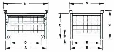 Maßskizze einer Gitterbox aus dem Daub-Katalog in Vorder- und Seitenansicht