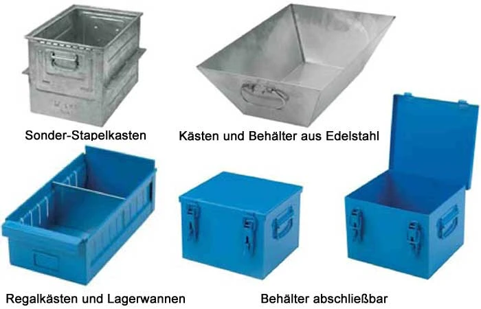 Übersicht Spezialbehälter: Sonder-Stapelkasten, Edelstahlbehälter, Regalkästen und abschließbare Behälter