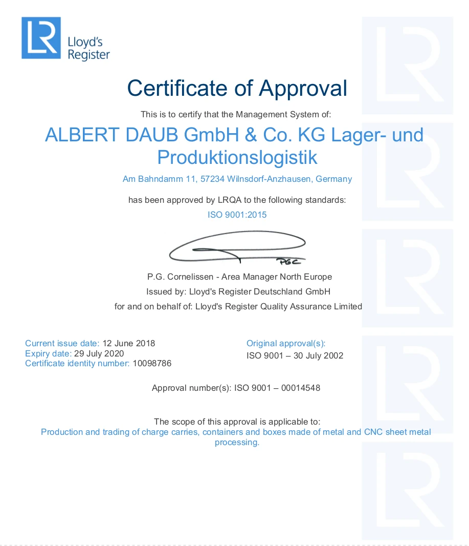 Zertifikat von Lloyd's Register nach ISO 9001:2015 für die Albert Daub GmbH & Co. KG